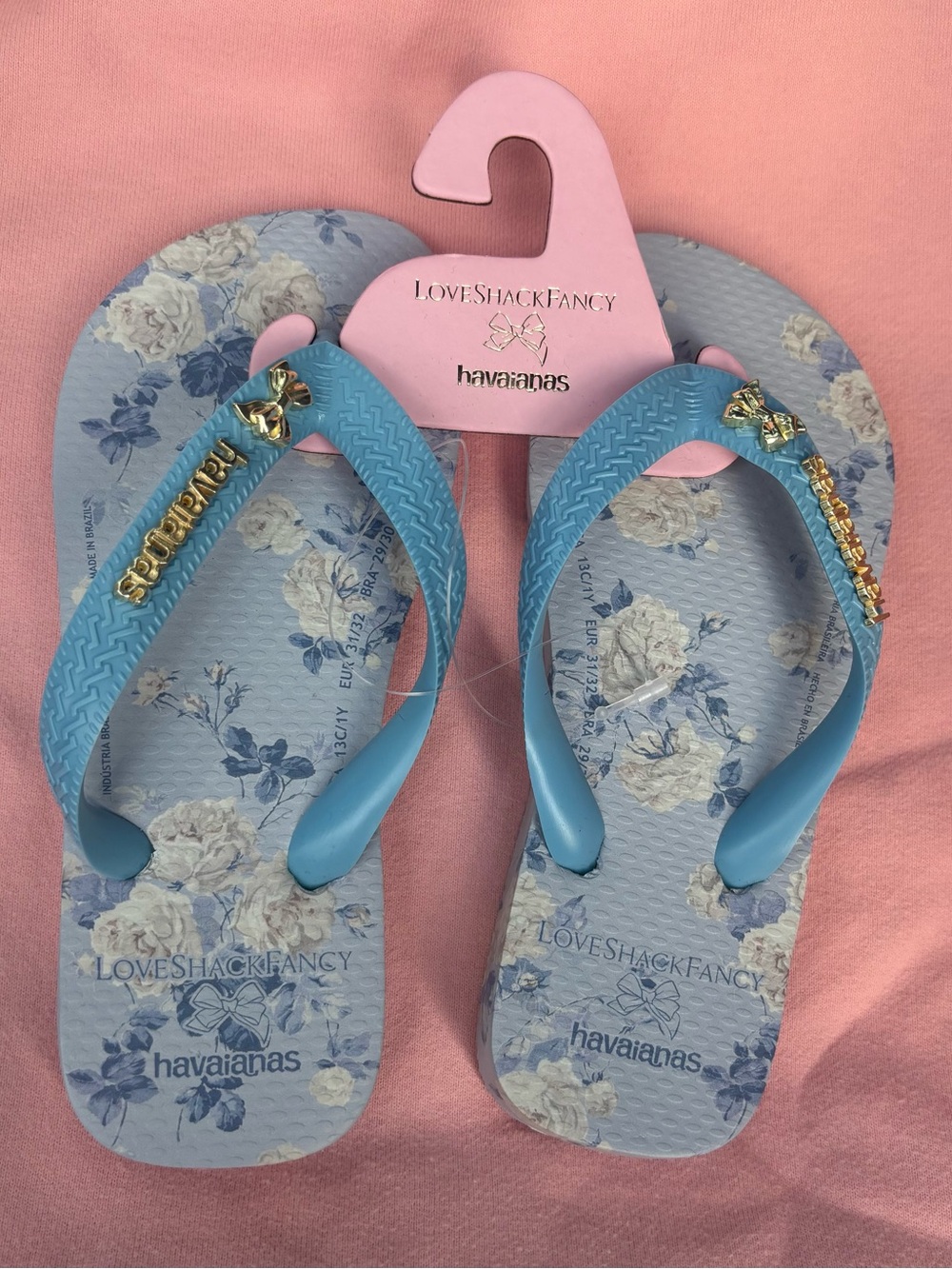 NWT Love Shack Fancy Girls Havaianas Blue Floral Flip Flops Size 1Y